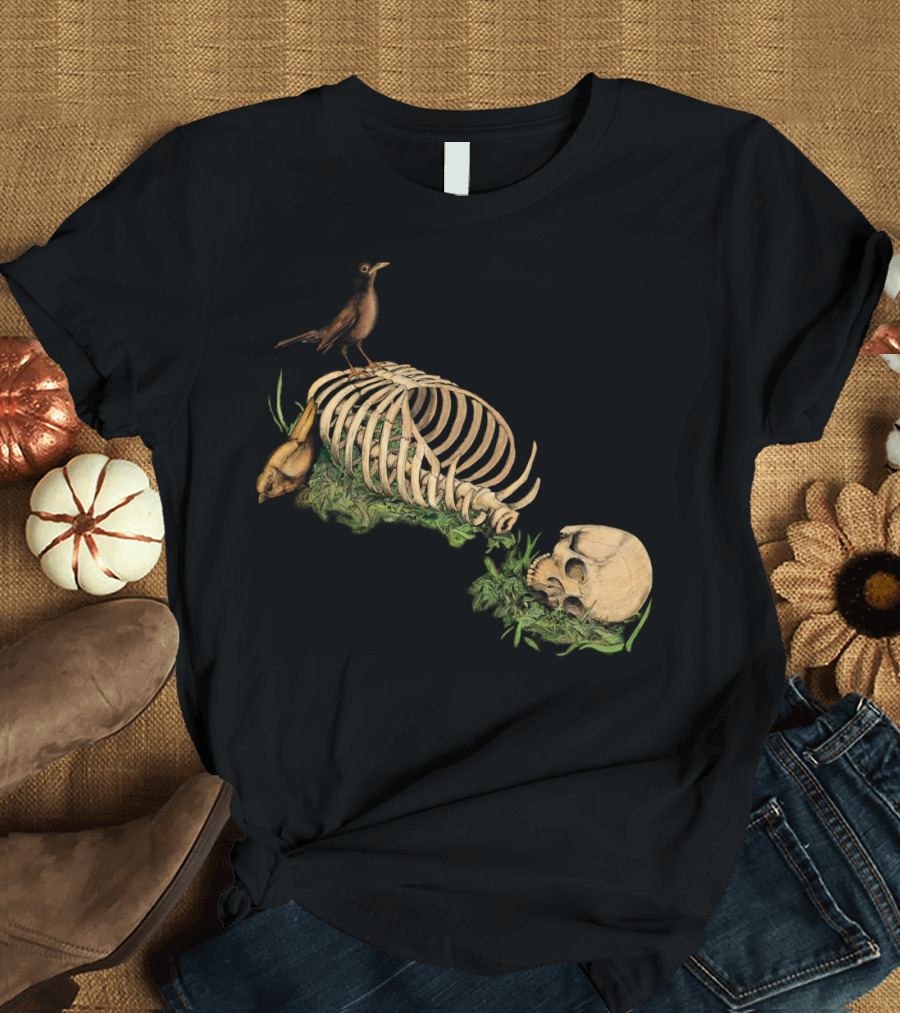 Still Life Speaking Skeleton with Birds and Skull T-Shirt