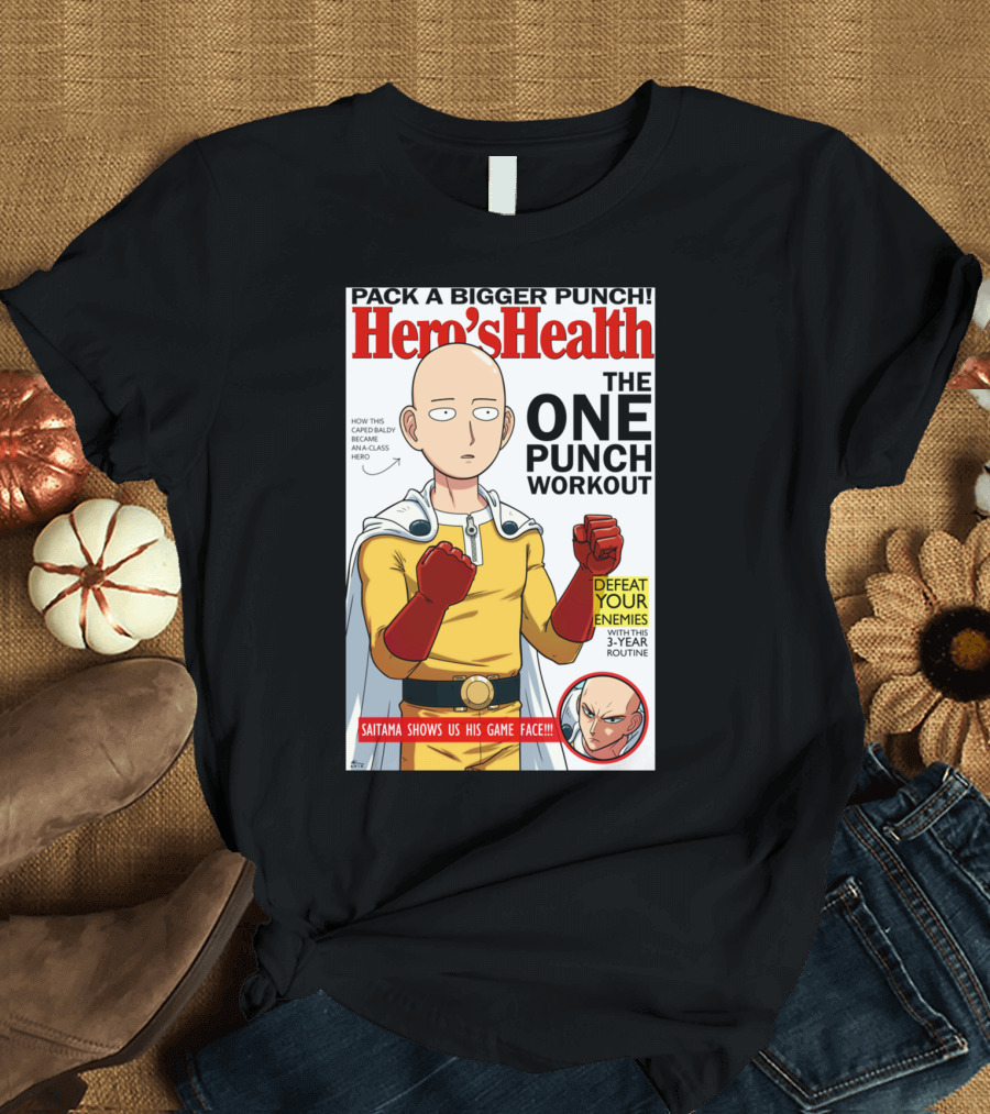 Hemo's Health the One Punch Workout Saitama Shows Us His Game Face Defeat Your Enemies with This 3-Year Routine T-Shirt