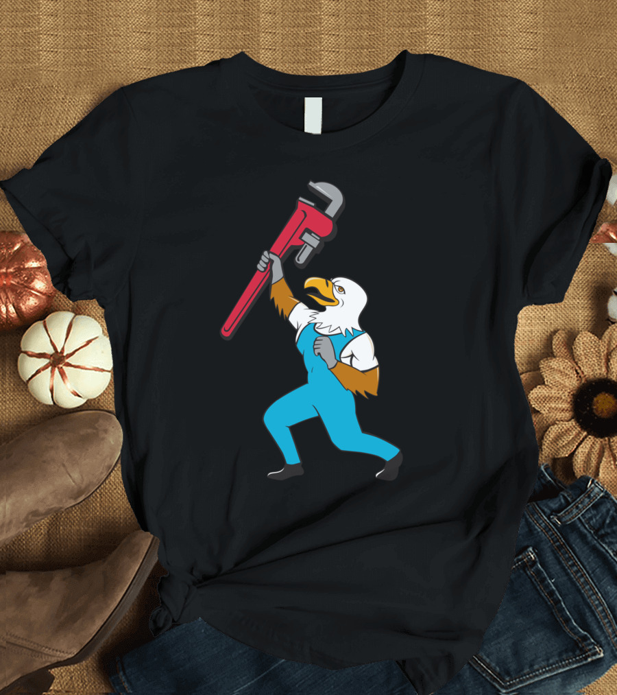 Plumber Eagle Holding Pipe Wrench Cartoon T-Shirt