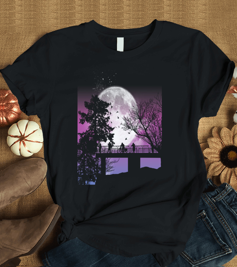 Moon So Close Silhouettes on Bridge with Full Moon and Trees T-Shirt