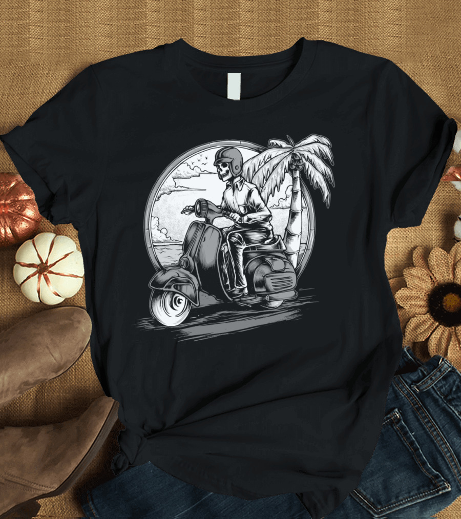 Keep Going Skull Rider Motorcycle Palm Tree Ocean Scene T-Shirt