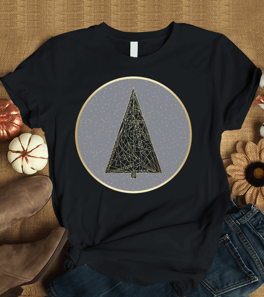 New Year Xmas Tree Geometric Pattern Gold Circle T-Shirt