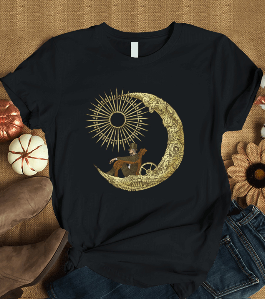 Victorian Steampunk Man on Crescent Moon with Sunburst T-Shirt