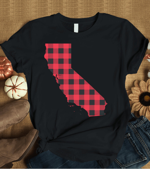 T-Shirt: Red and Black Checkered California Silhouette Map T-Shirt Red and Black Checkered California Silhouette Map T-Shirt