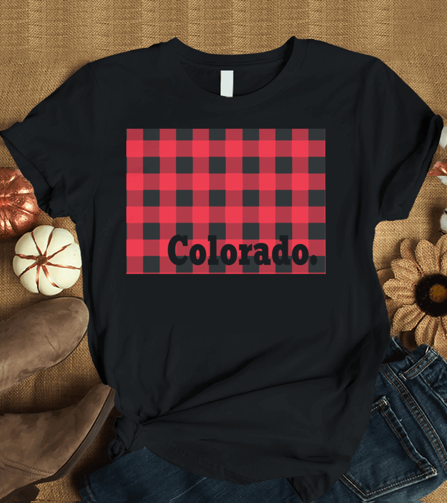 Red and Black Checkered Colorado Text T-Shirt
