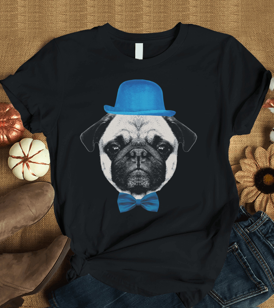 Pug with Blue Hat and Bow Tie Mops or French Bulldog Puppy T-Shirt