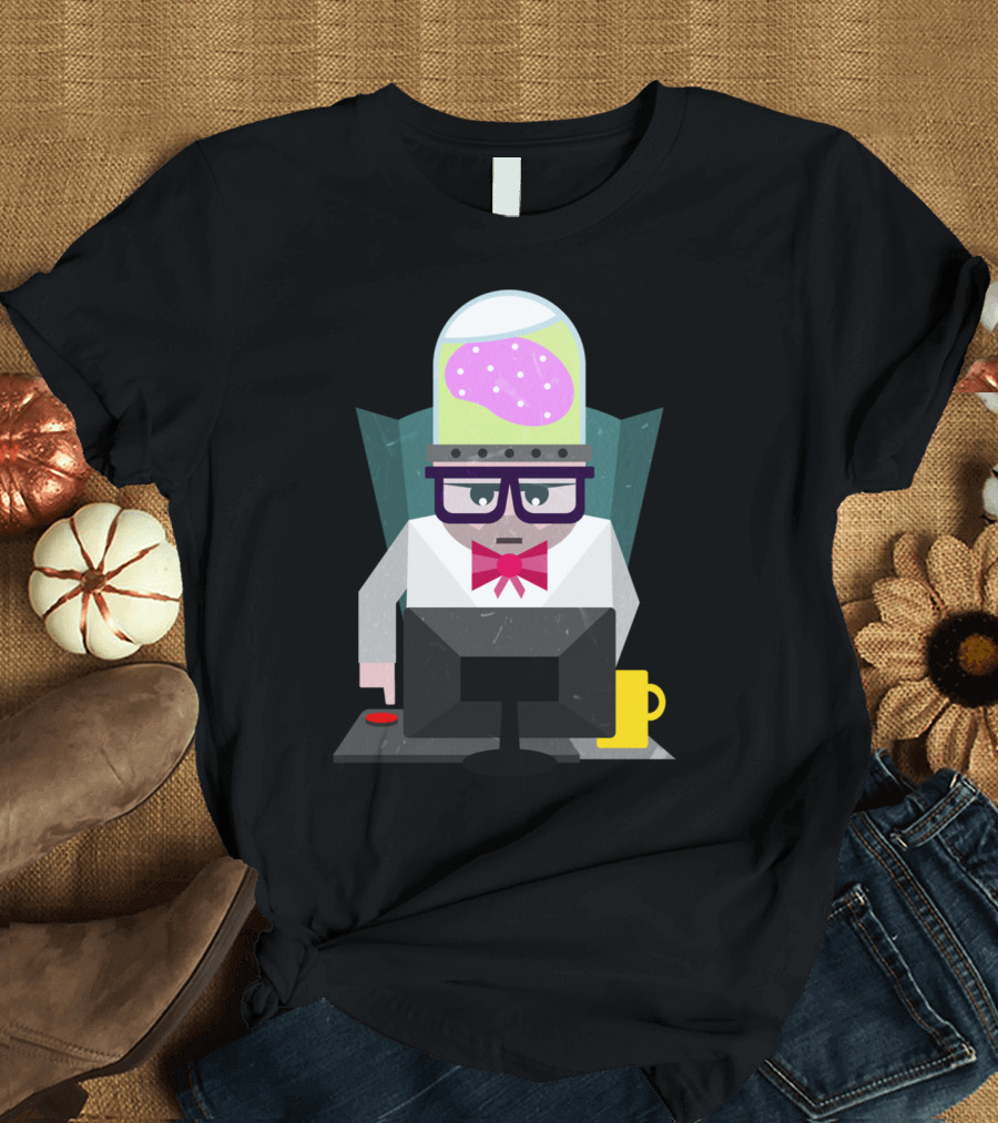 Web Developer Brain in a Jar Computer Character with Pink Brain and Coffee Mug T-Shirt