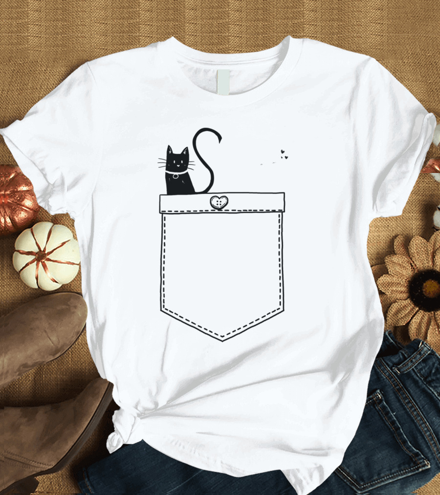 Pocket Lovers Black and White Cats with Heart Tails T-Shirt