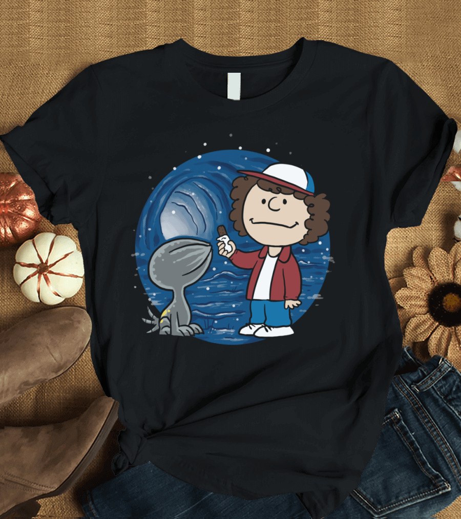 Stranger Pet Encounter in Starry Tunnel with Cartoon Boy and Creature T-Shirt