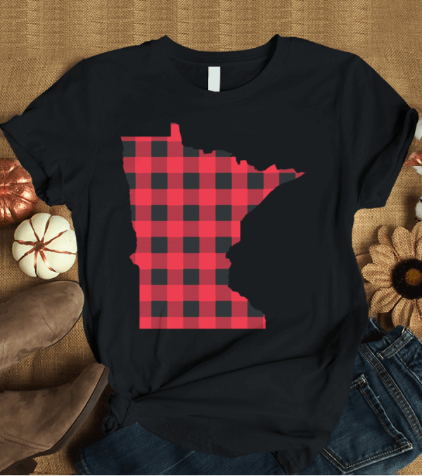 T-Shirt: Red And Black Checkered Outline of Minnesota T-Shirt Red And Black Checkered Outline of Minnesota T-Shirt