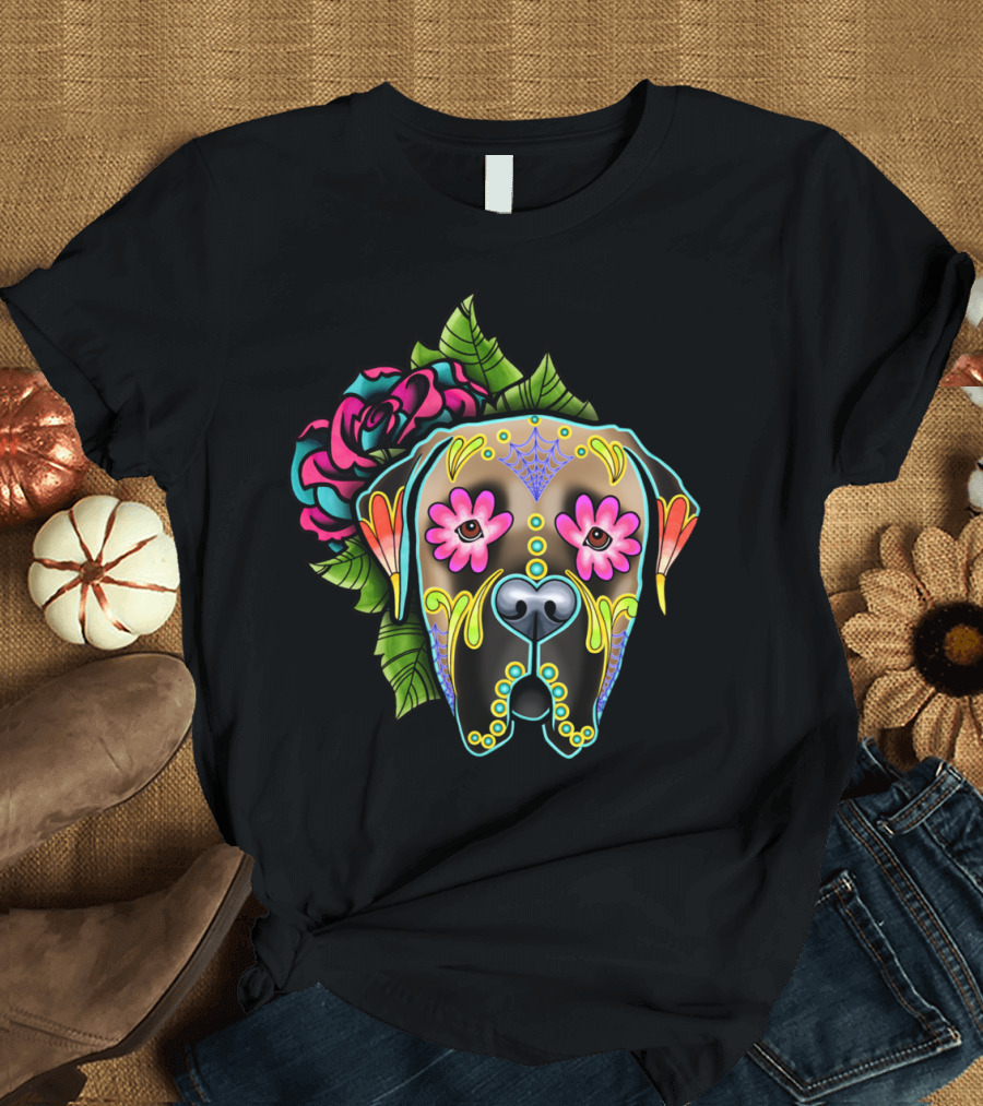 Fawn Mastiff Day Of The Dead Sugar Skull Floral T-Shirt