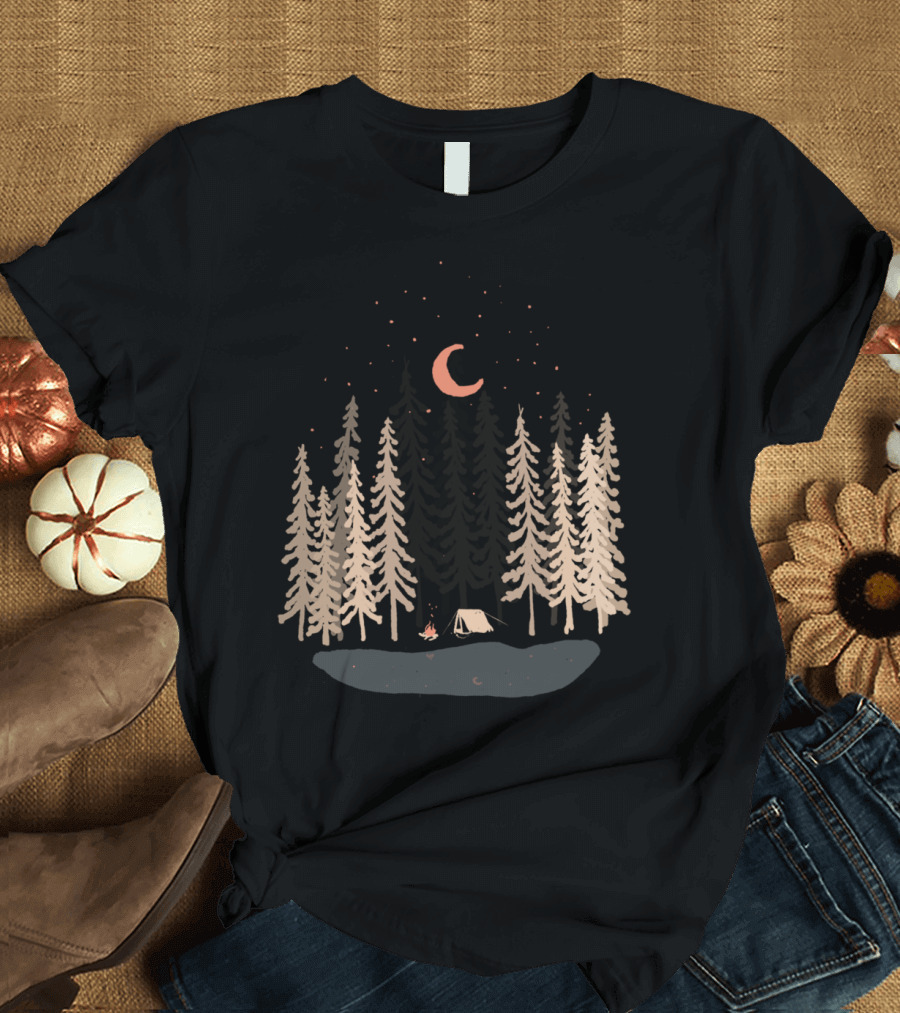 Feeling Small Under Night Sky with Forest and Campfire T-Shirt