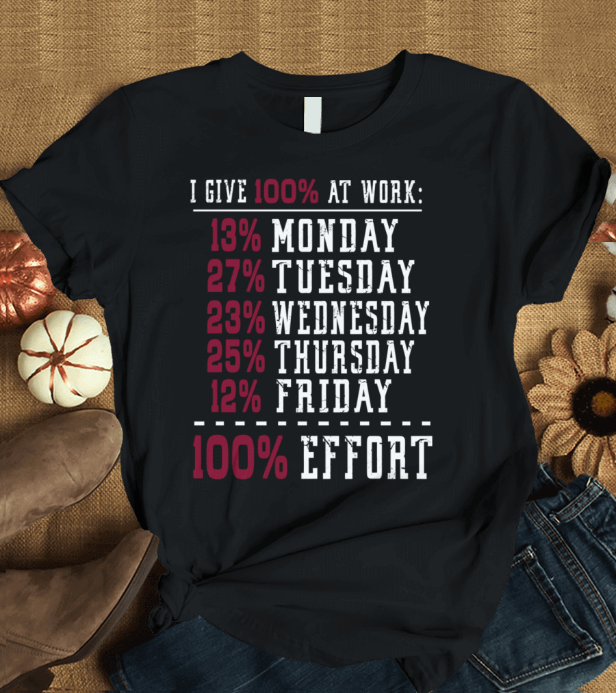I Give 100% At Work: 13% Monday 27% Tuesday 23% Wednesday 25% Thursday 12% Friday 100% Effort T-Shirt