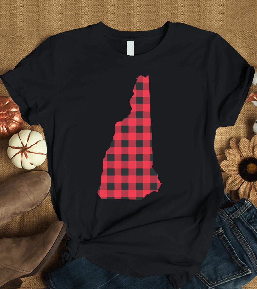 Red Black Checkered New Hampshire Plaid Pattern Map T-Shirt