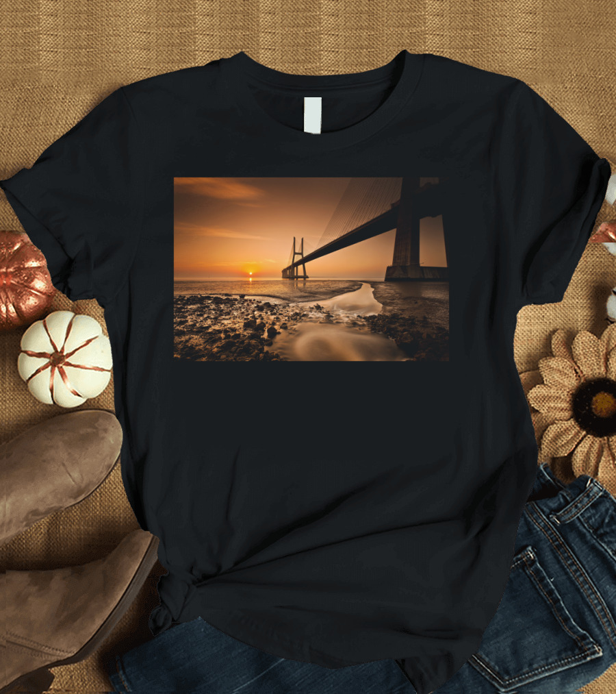 Morning Star Sunrise Over Bridge and Waterway Scene T-Shirt