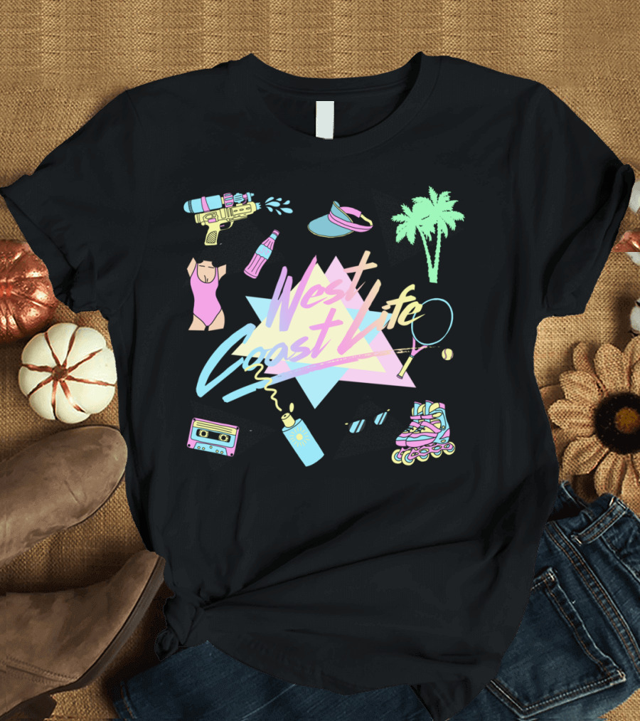 West Coast Life Retro Neon Beach Vibes Roller Skates and Palm Trees T-Shirt