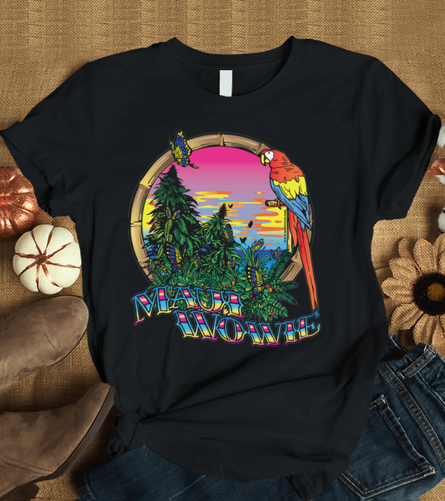 Maui Wowie Tropical Parrot and Sunset Scene T-Shirt