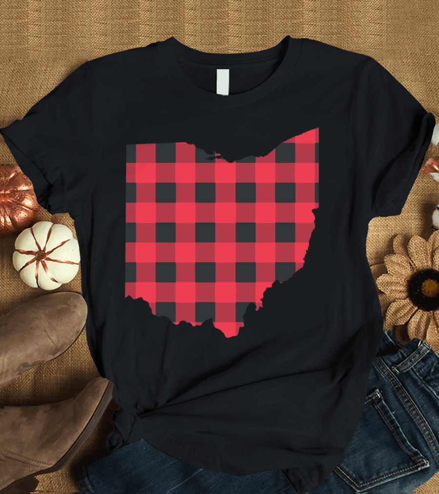 Red and Black Checkered Ohio Buffalo Plaid State Shape T-Shirt