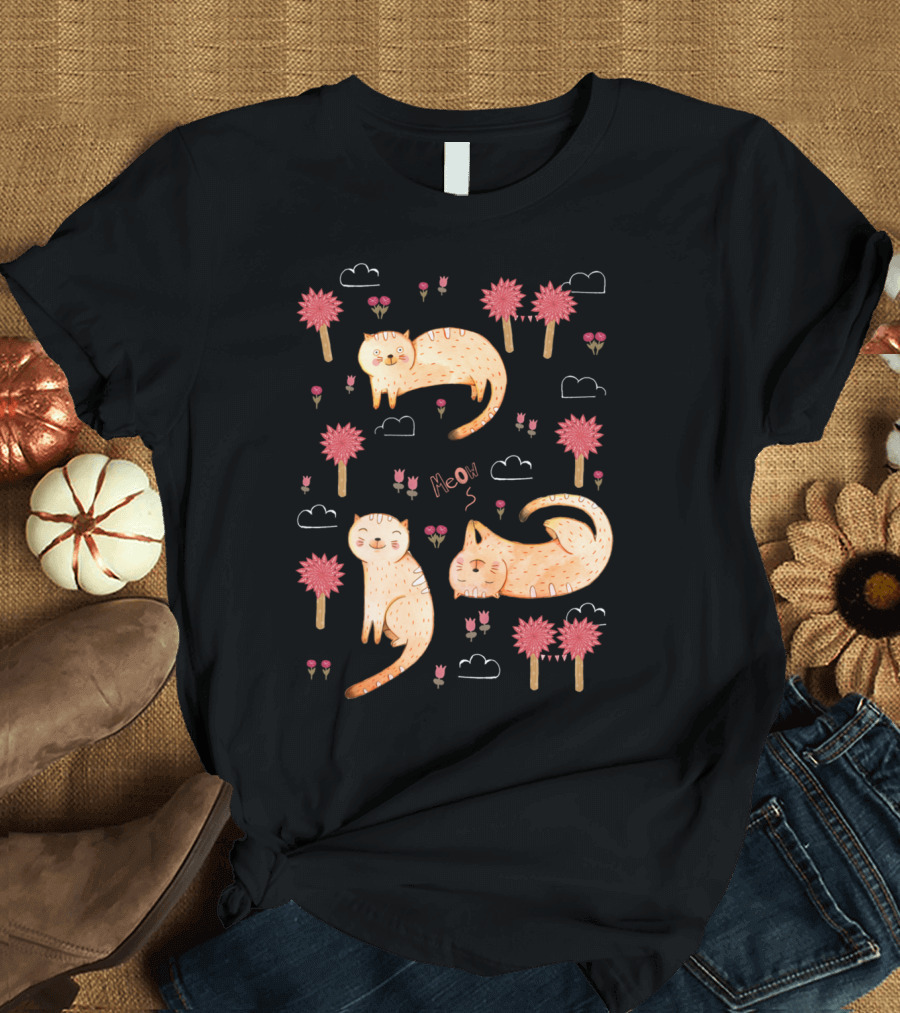 Orange Cat Meow Clouds Flowers Whimsical T-Shirt