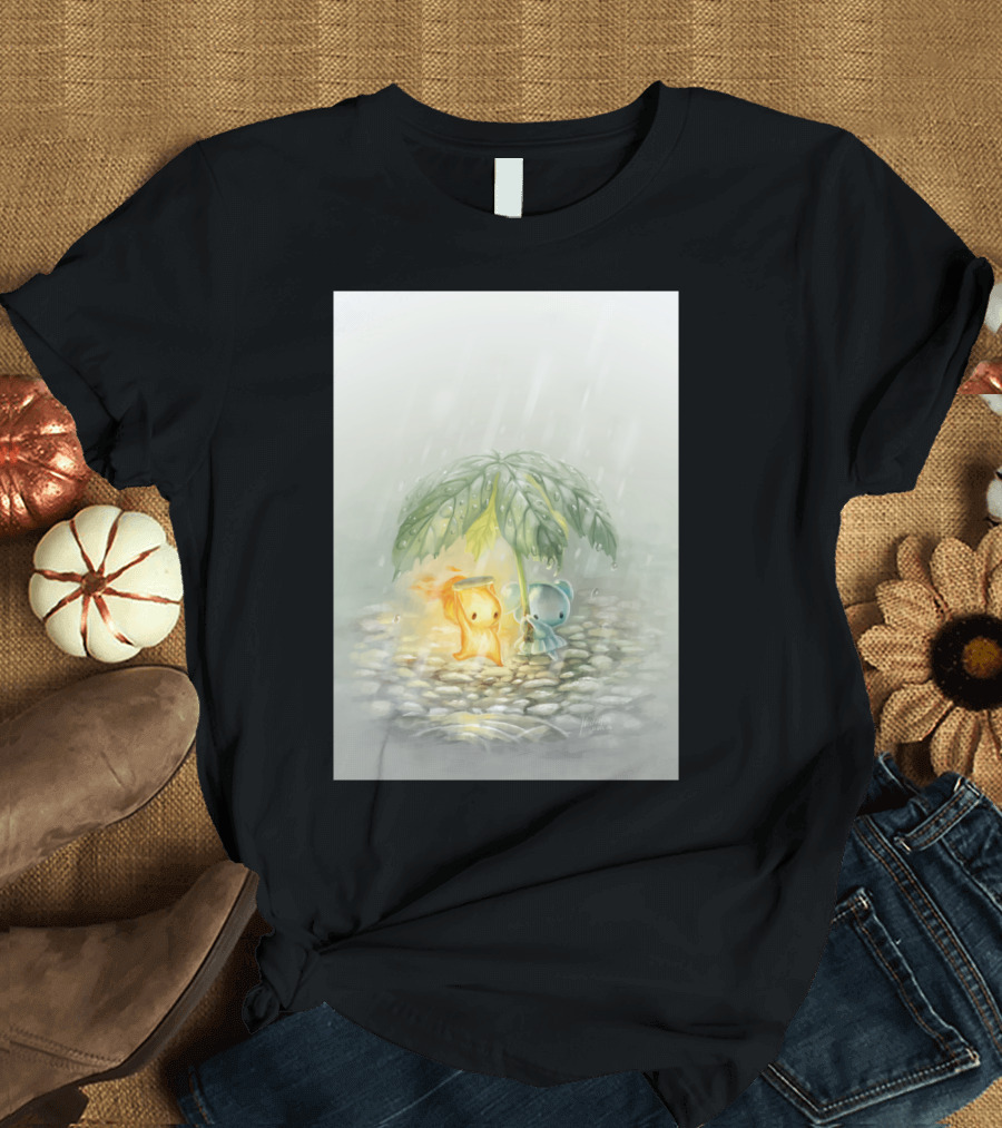Cover From The Rain Art Print Cute Creatures Under Leaf Umbrella T-Shirt