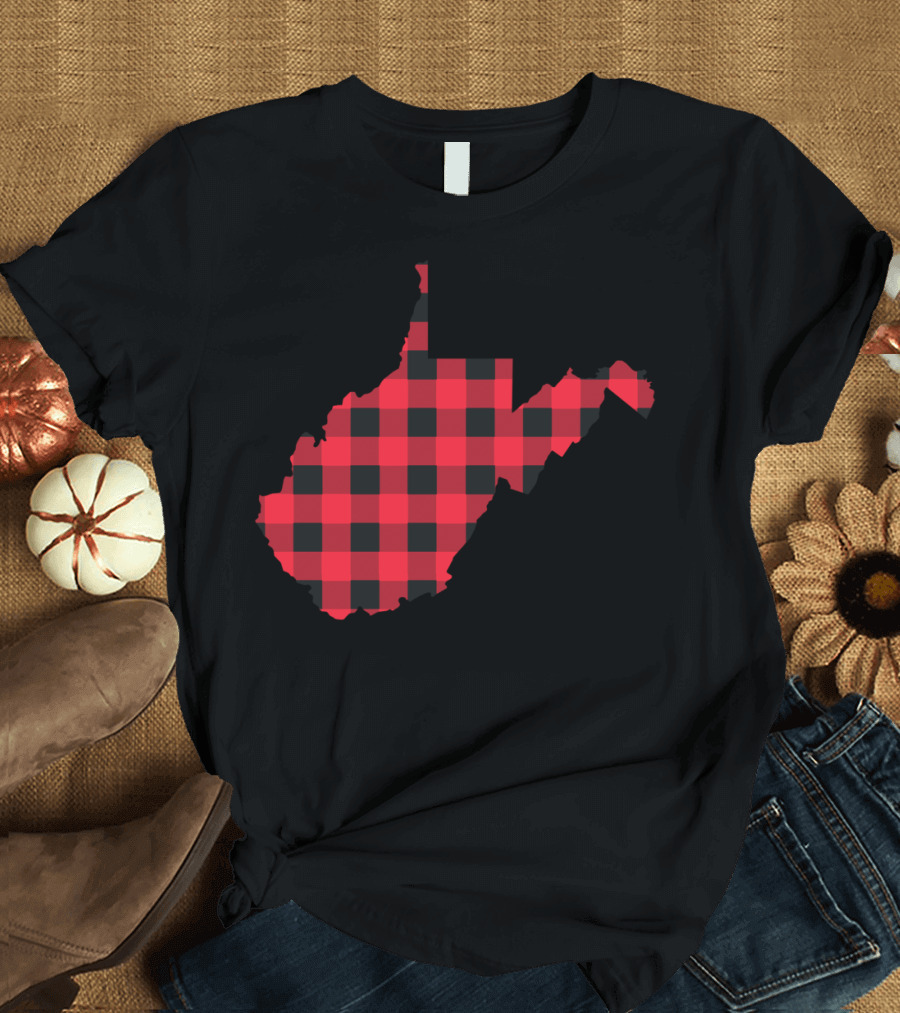 Red And Black Checkered West Virginia State Outline T-Shirt