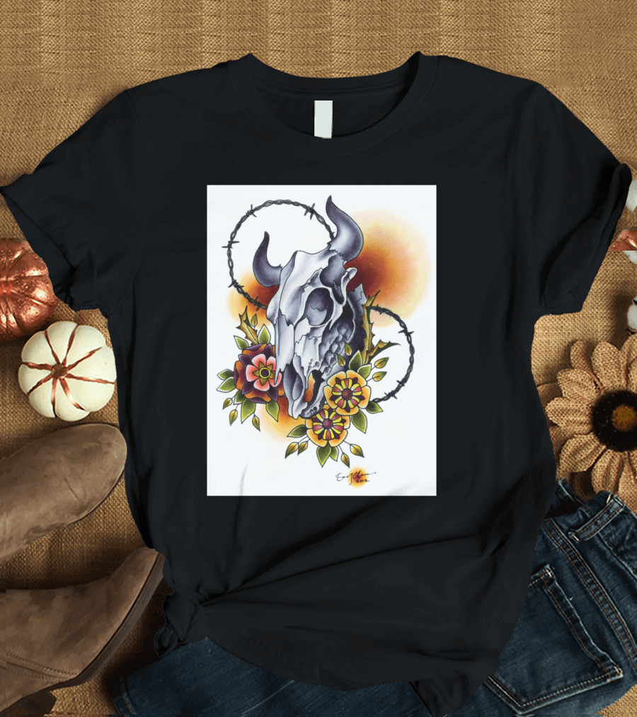 Cow Skull Floral Barbed Wire Art by Ern Mancini T-Shirt