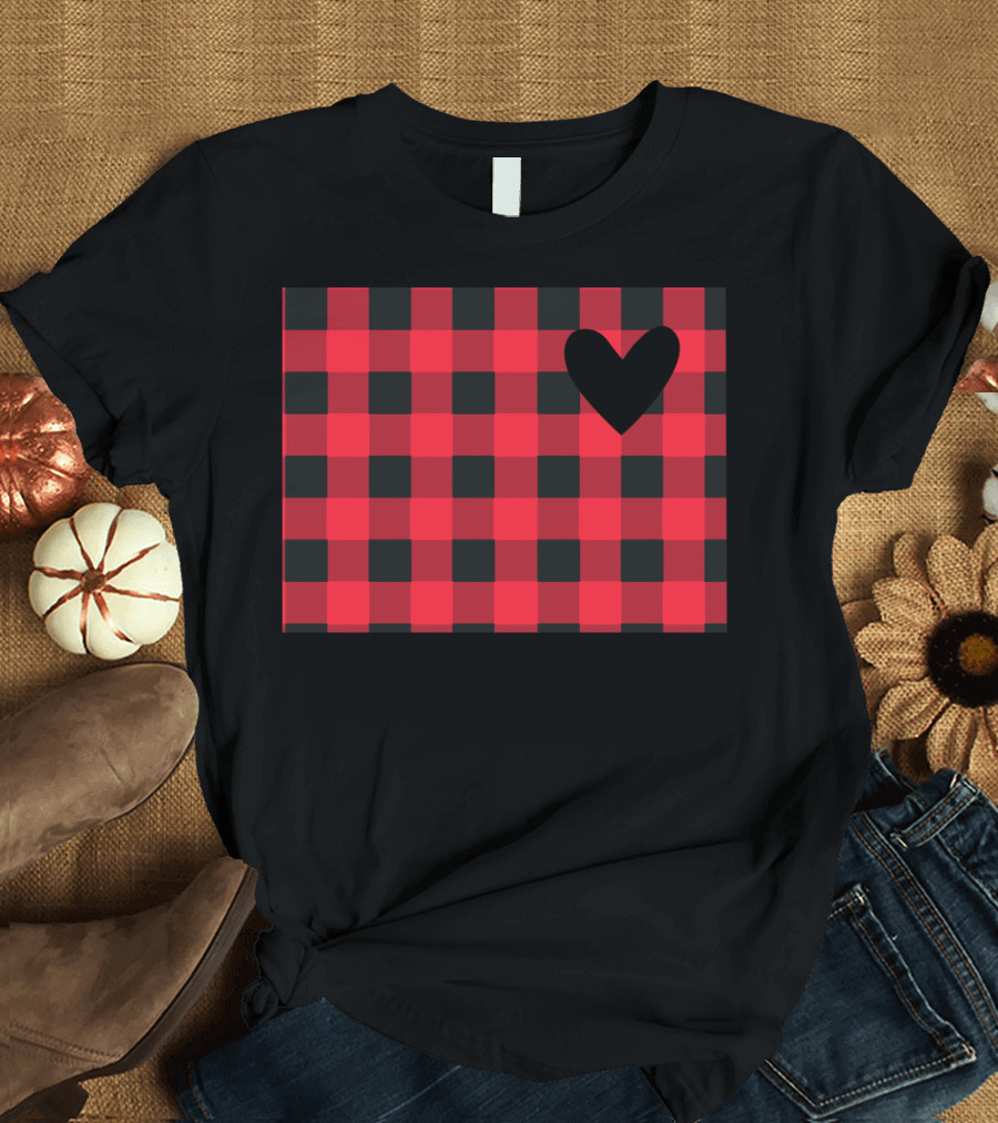 Red And Black Checkered Wyoming Heart T-Shirt