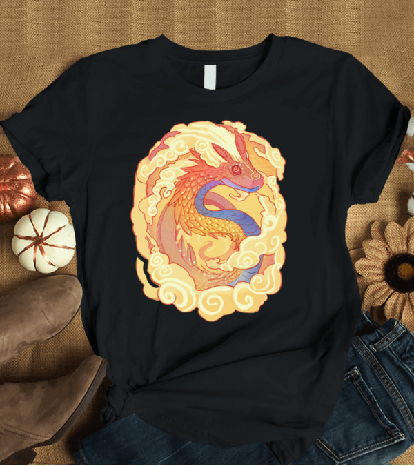 T-Shirt: Orange Serpent Coiled In Clouds Dragon Mythical Creature T-Shirt Orange Serpent Coiled In Clouds Dragon Mythical Creature T-Shirt