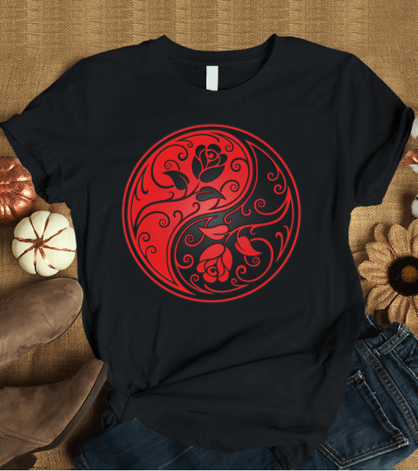 T-Shirt: Red and Black Yin Yang Rose Circle T-Shirt Red and Black Yin Yang Rose Circle T-Shirt