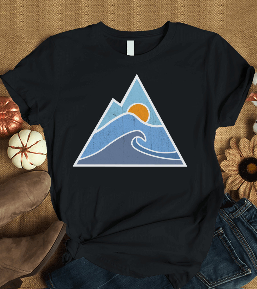 Orange Sun Over Blue Waves Within Mountain Triangle T-Shirt