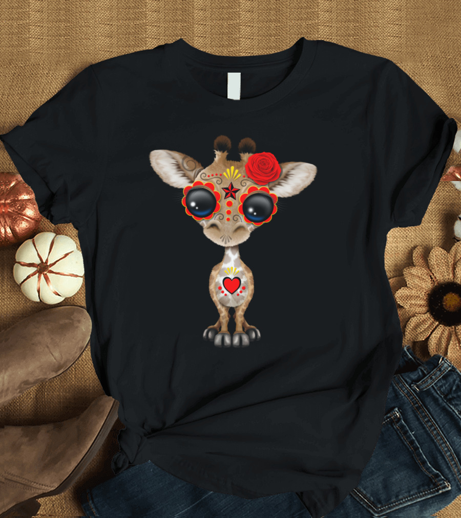 Red and Yellow Day of the Dead Sugar Skull Giraffe with Heart and Rose T-Shirt