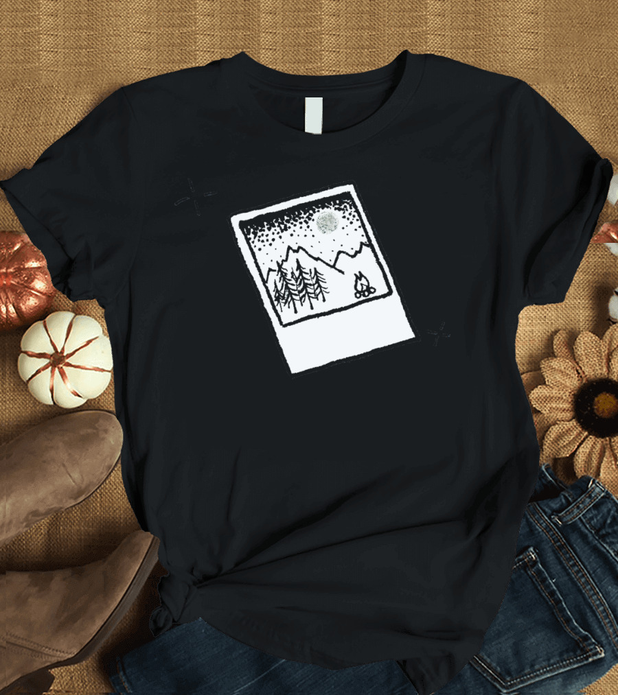 Polaroid Memories Vane Mountain Night Scene with Campfire T-Shirt