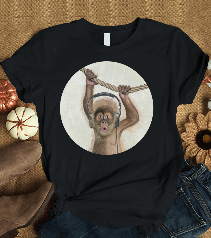 I Love Music Monkey with Headphones Hanging on Rope T-Shirt