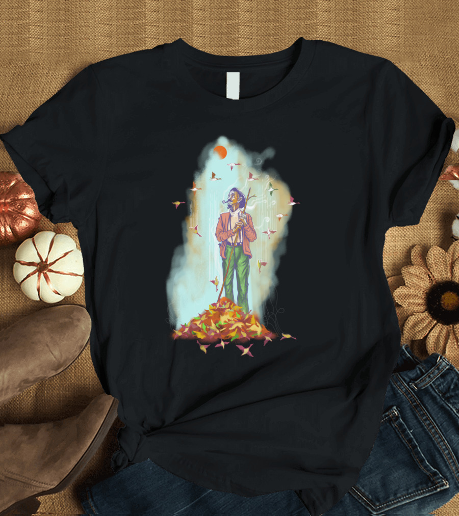 Season Of Fall Imaginative Man With Leaf Pile And Flying Birds T-Shirt