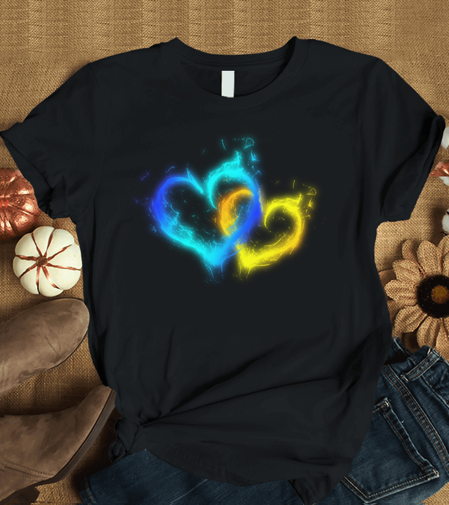 Fire And Ice Hearts Blue Yellow Glowing Flame T-Shirt