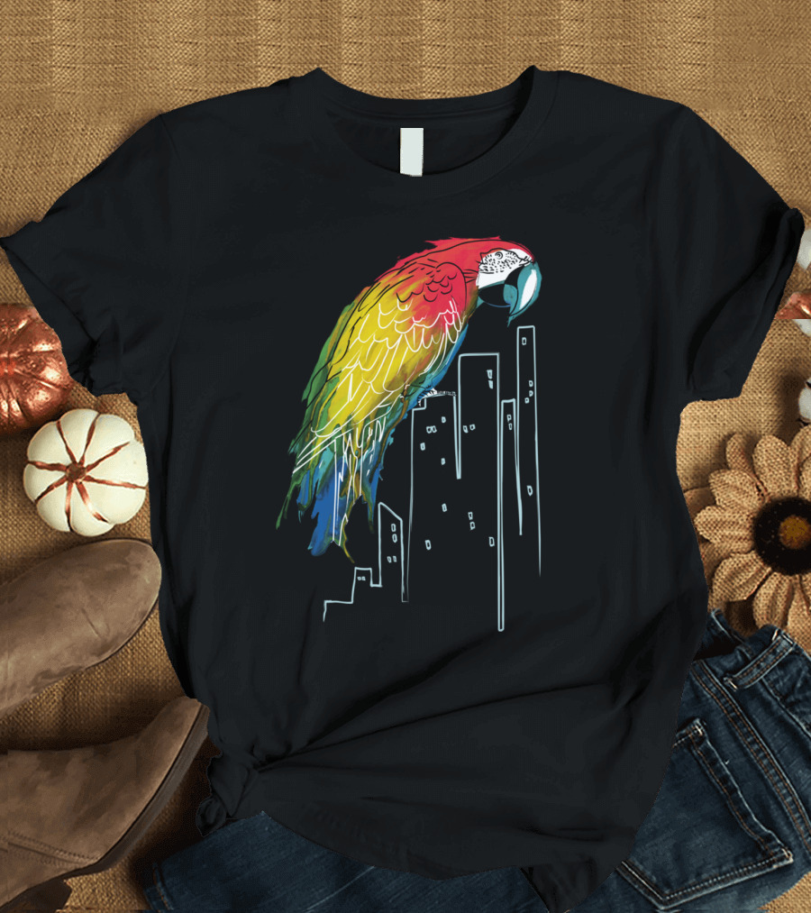 Polly In The City Colorful Parrot Overlooking Skyscrapers T-Shirt