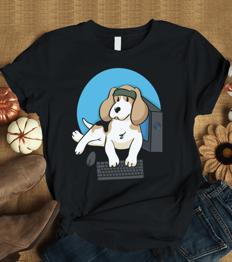 Ordinarywilliam Print Gamer Dog with Computer and Headband T-Shirt