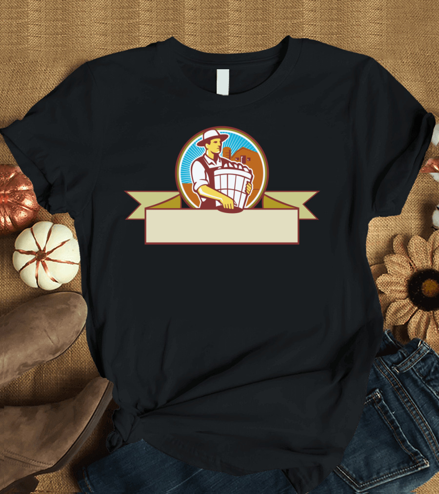 Farmer with Harvest Basket in Circle with Blank Ribbon Banner T-Shirt