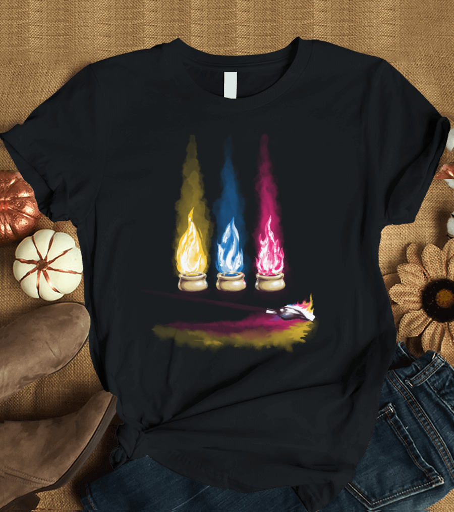 Yellow Blue Pink Flames with Watercolor Brush Strokes T-Shirt