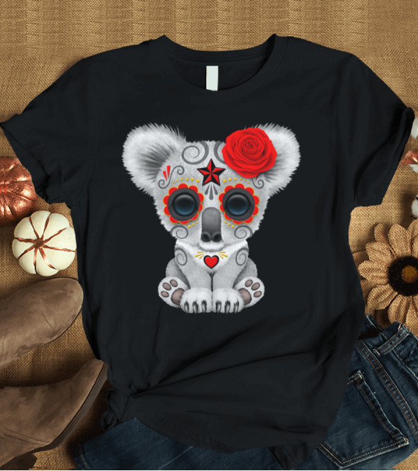 T-Shirt: Day of the Dead Sugar Skull Koala with Red Rose and Heart T-Shirt Day of the Dead Sugar Skull Koala with Red Rose and Heart T-Shirt