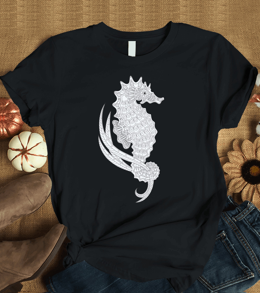 Whimsical Seahorse Intricate White T-Shirt