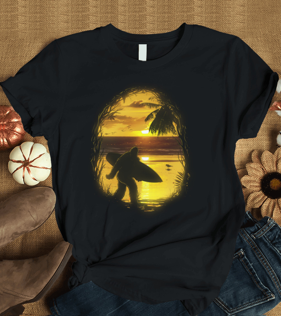 Secret Spot Bigfoot Surfing Sunset Scene T-Shirt