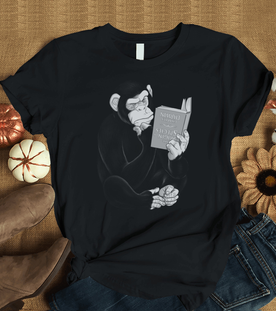 Charles Darwin Origin of Species Monkey Reading Book T-Shirt