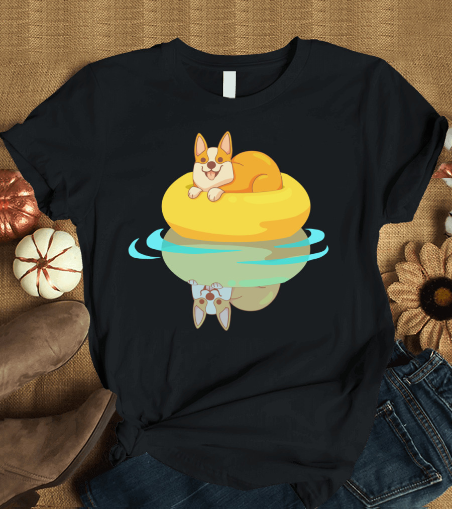Summer Corgi on Yellow Pool Float with Water Reflection T-Shirt