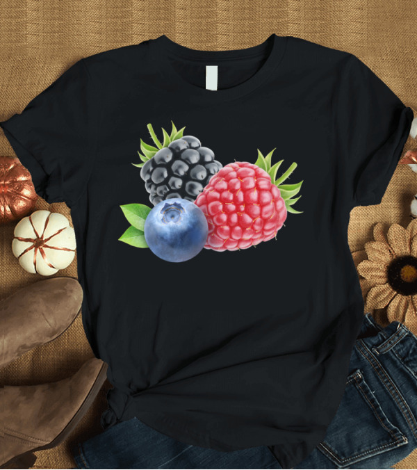 T-Shirt: Three Berries Blackberry Raspberry Blueberry T-Shirt Three Berries Blackberry Raspberry Blueberry T-Shirt