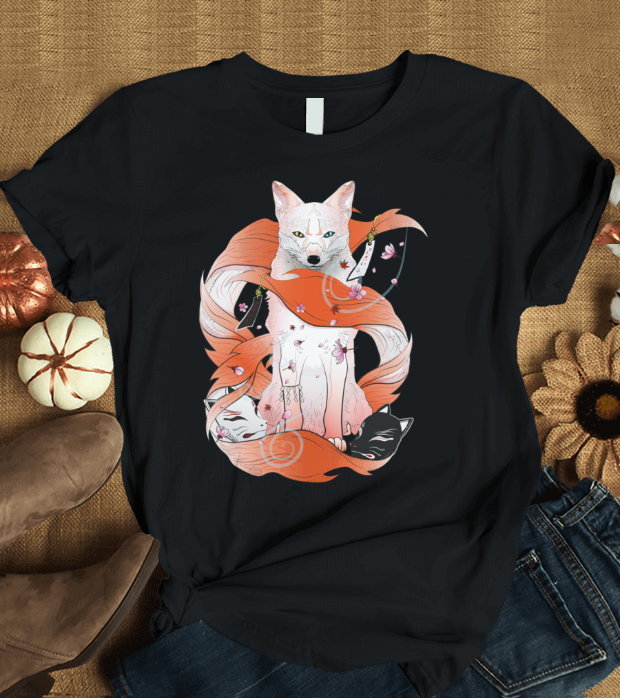 Red Kitsune Mythical Fox with Spirals and Cherry Blossoms T-Shirt