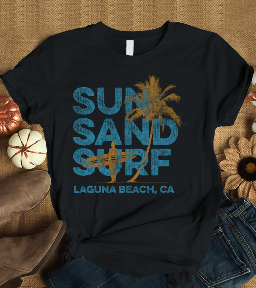 Sun Sand Surf Laguna Beach CA Palm Tree Surfer T-Shirt