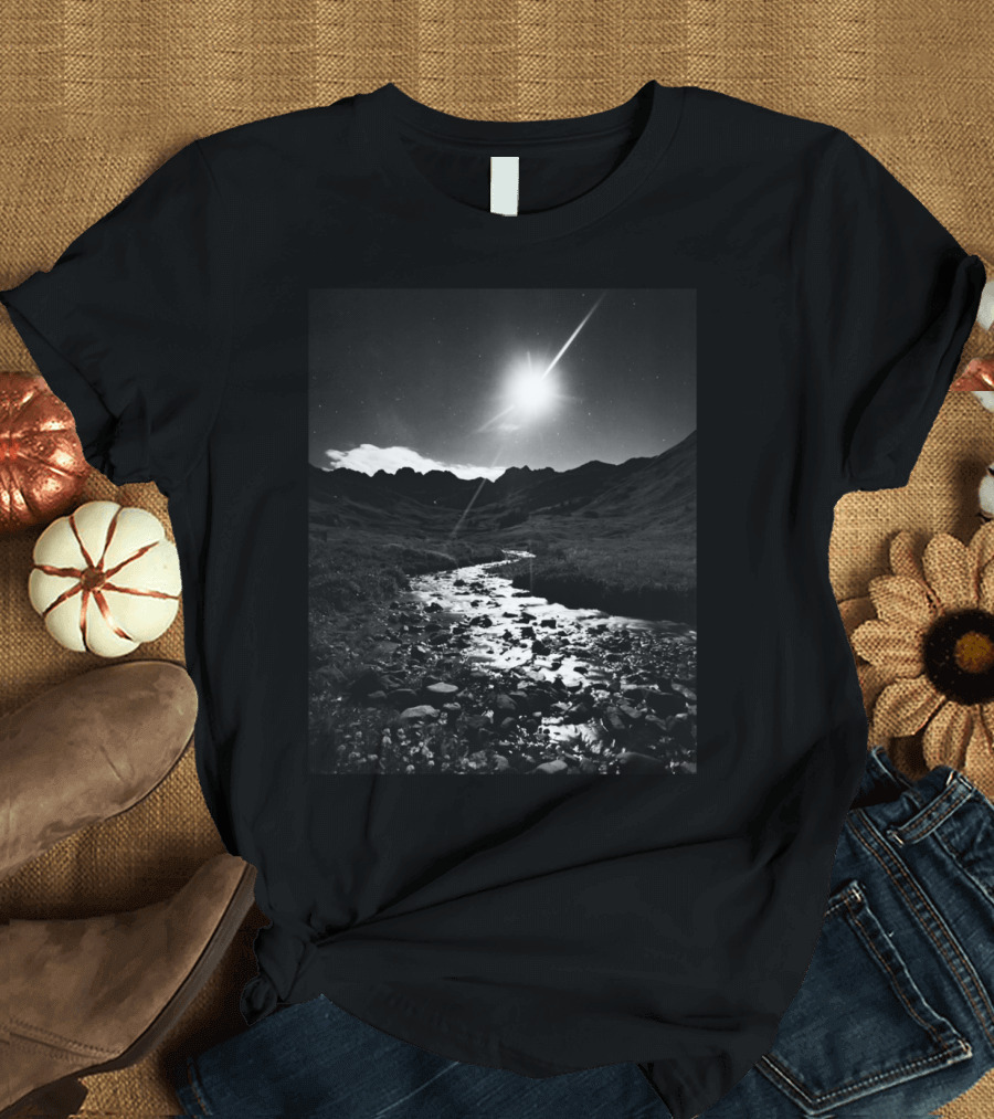 Mountain Landscape Night Moonlit Stream T-Shirt