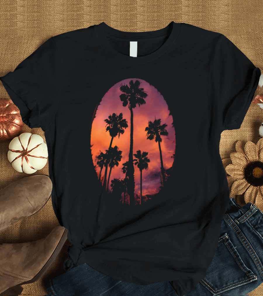 Red Sunset Palm Trees Oval T-Shirt