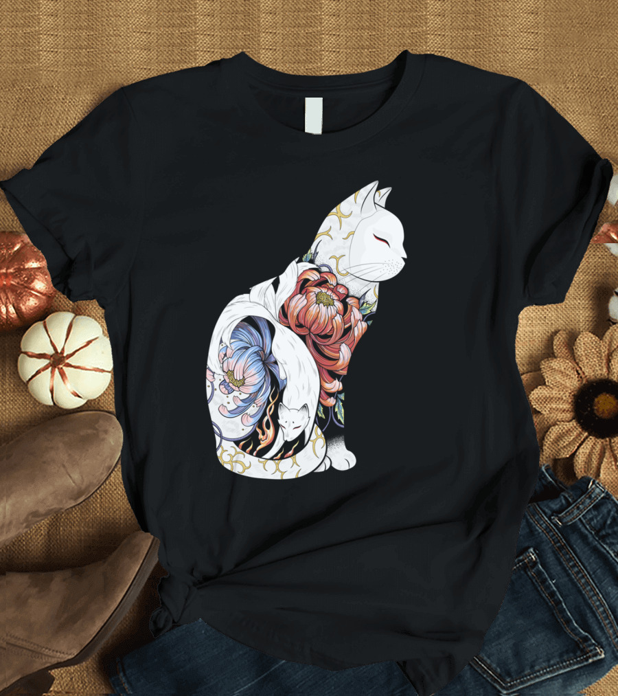 Kitsune Cat Tattoo Fox Floral Japanese T-Shirt